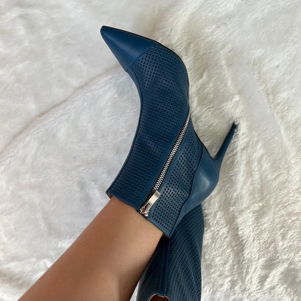 $599 Loriblu Perforated Blue Leather Ankle Boots Booties High Heel Pointy Toe 40